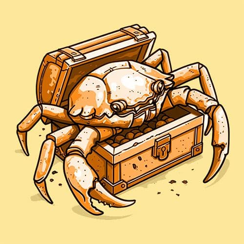 An illustration of a crab guarding the treasure chest it owns