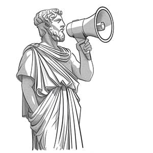 An illustration of a Roman statue holding a megaphone.