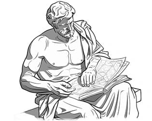 An illustration of a Greek goddess holding an iPhone and newsletter.